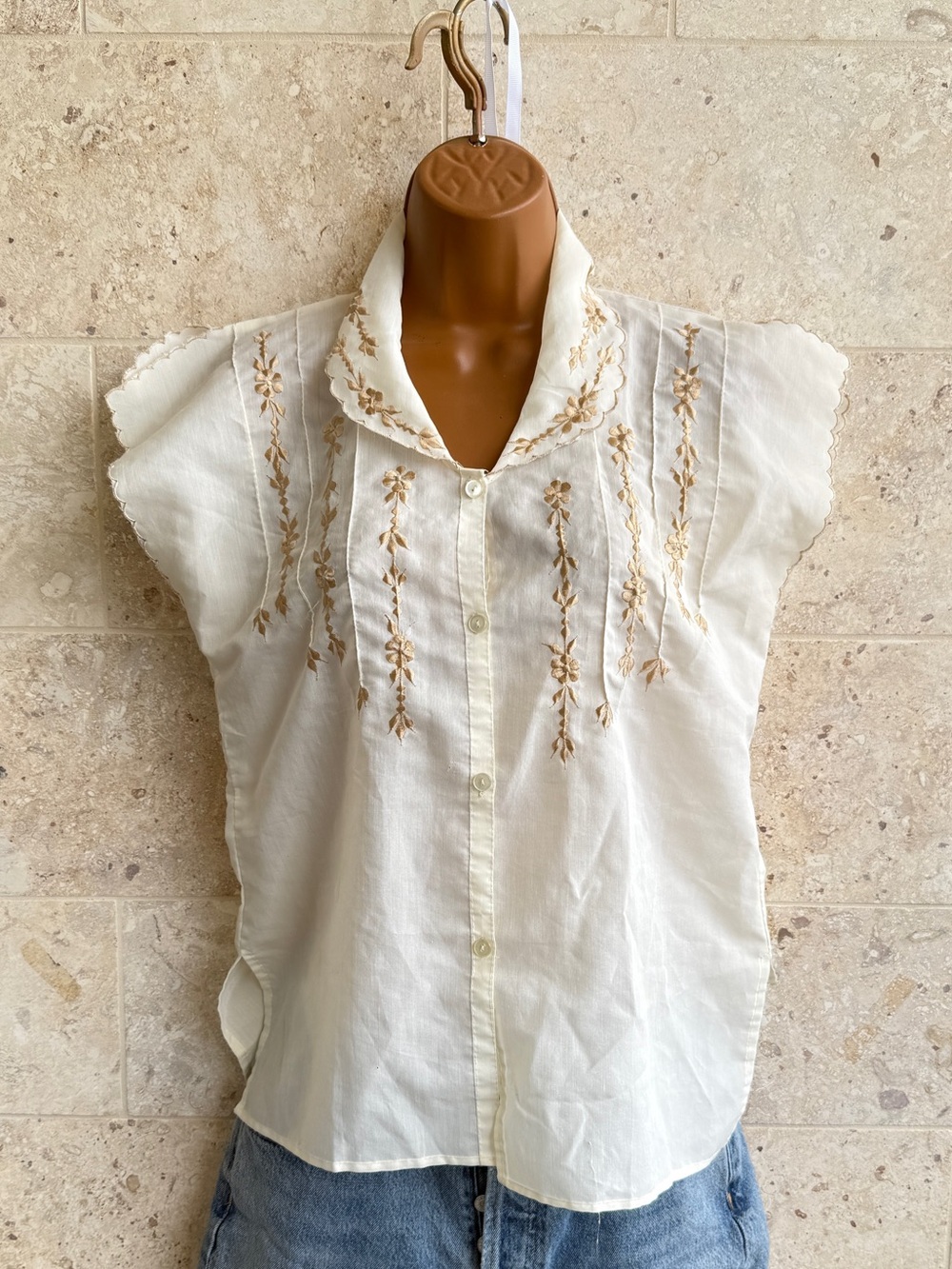 Vintage Embroidered Cream Button-Front Women's Blouse